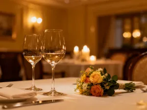 Starsze małżeństwo trzymające się za ręce przy romantycznej kolacji przy świecach w eleganckiej restauracji.