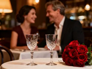 Elegancka para w średnim wieku świętuje rocznicę ślubu przy romantycznej kolacji w przytulnej restauracji.