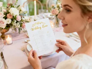Para świętująca rocznicę ślubu przy romantycznej kolacji z winem, kwiatami i eleganckim prezentem na pierwszym planie.