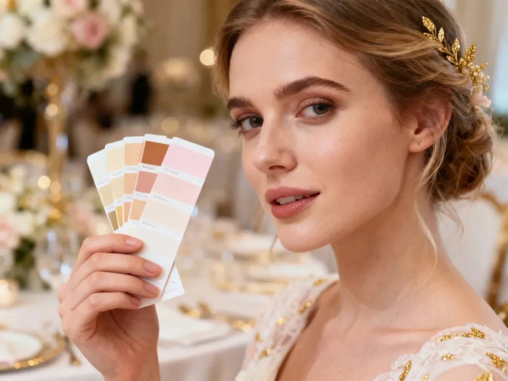 Kobieta trzymająca próbnik kolorów weselnych na tle eleganckiej sali, pomagająca w doborze idealnej palety barw.