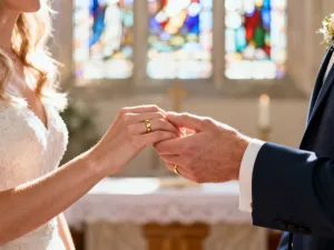 Szczęśliwa para młoda tańcząca w eleganckiej sali balowej w otoczeniu romantycznych świateł i płatków kwiatów.