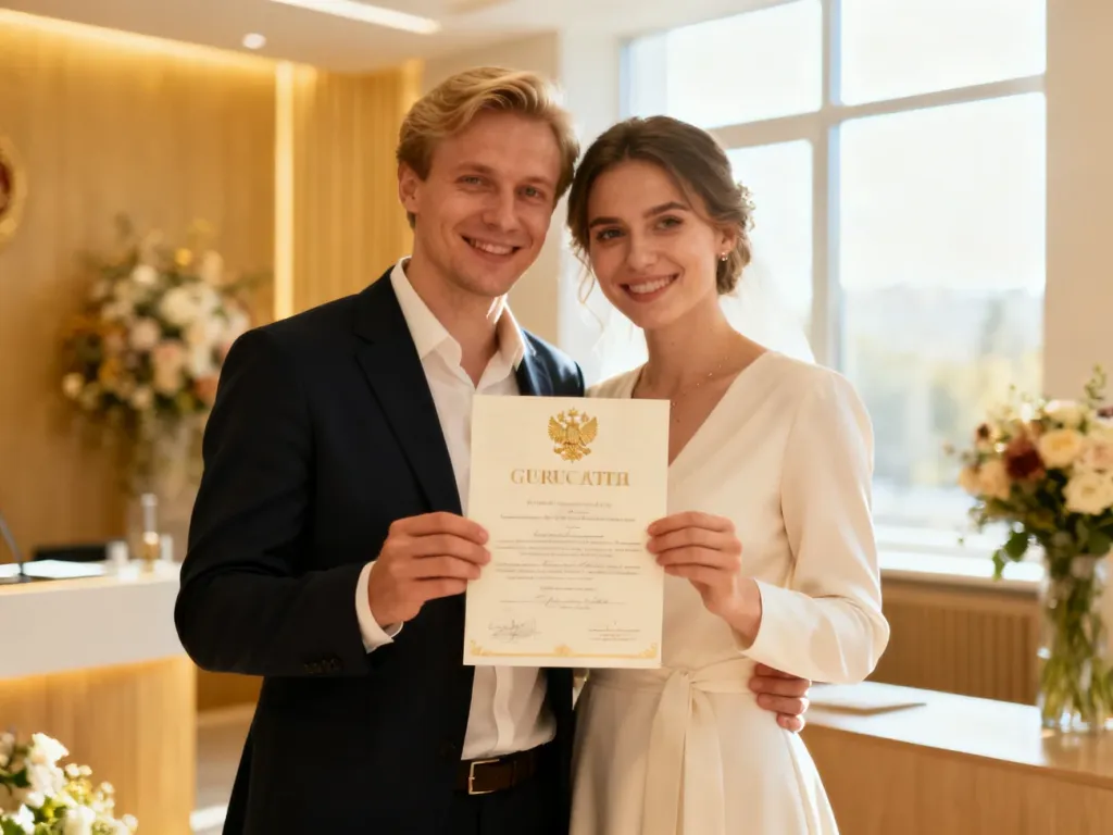 Szczęśliwa para trzymająca akt ślubu w nowoczesnym urzędzie stanu cywilnego po ceremonii.