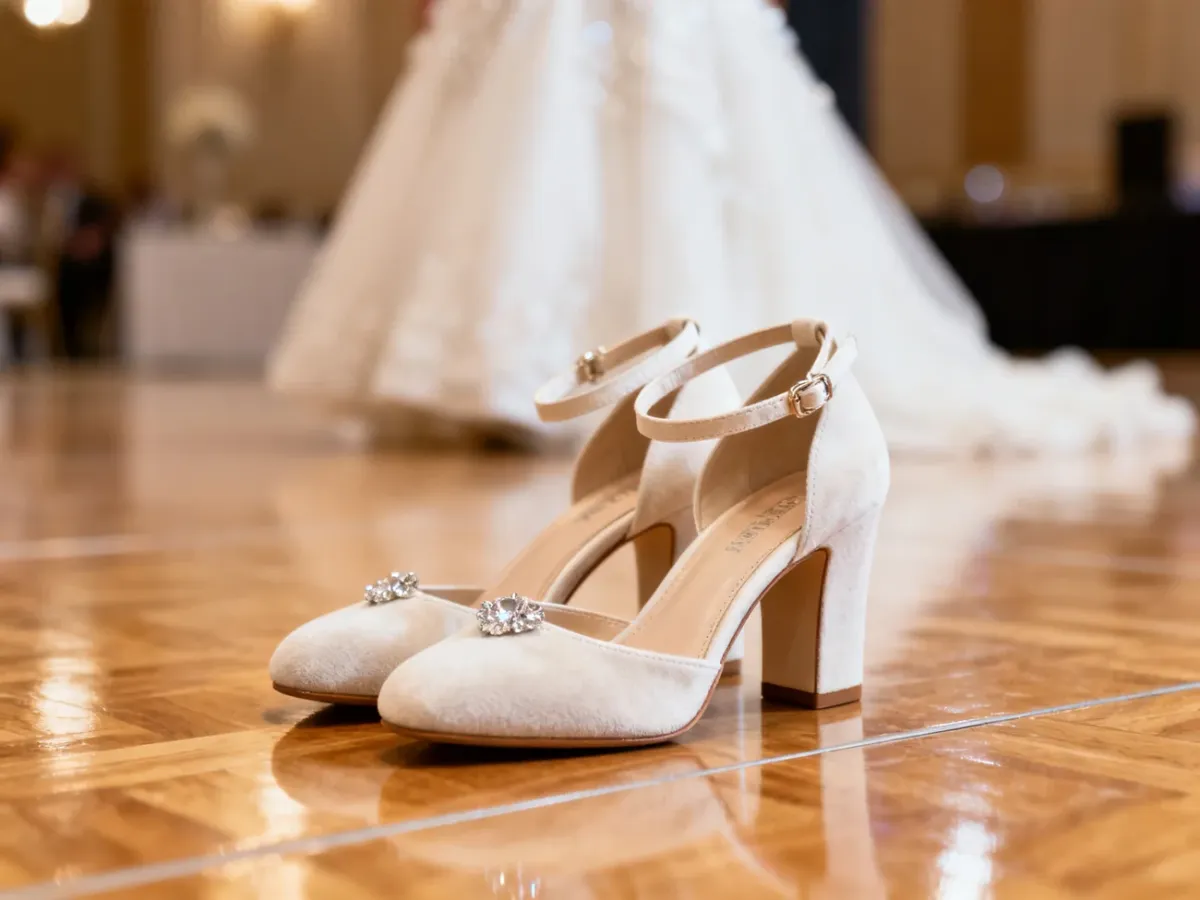 Eleganckie ivory buty taneczne ślubne z obcasem flare i welurową podeszwą