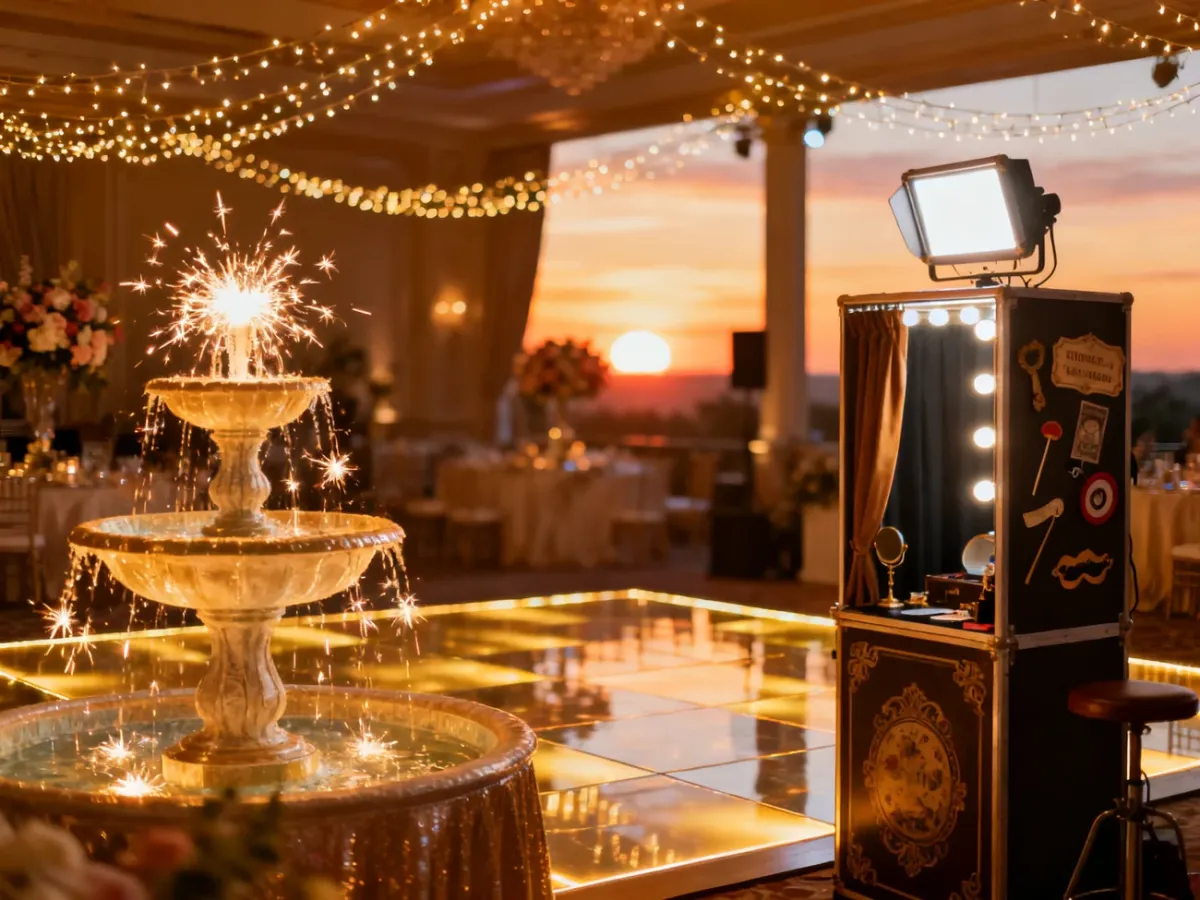 Elegancka sala weselna z podświetlanym parkietem, fontanną iskier i fotobudką, tworzące niezapomnianą atmosferę dla gości.