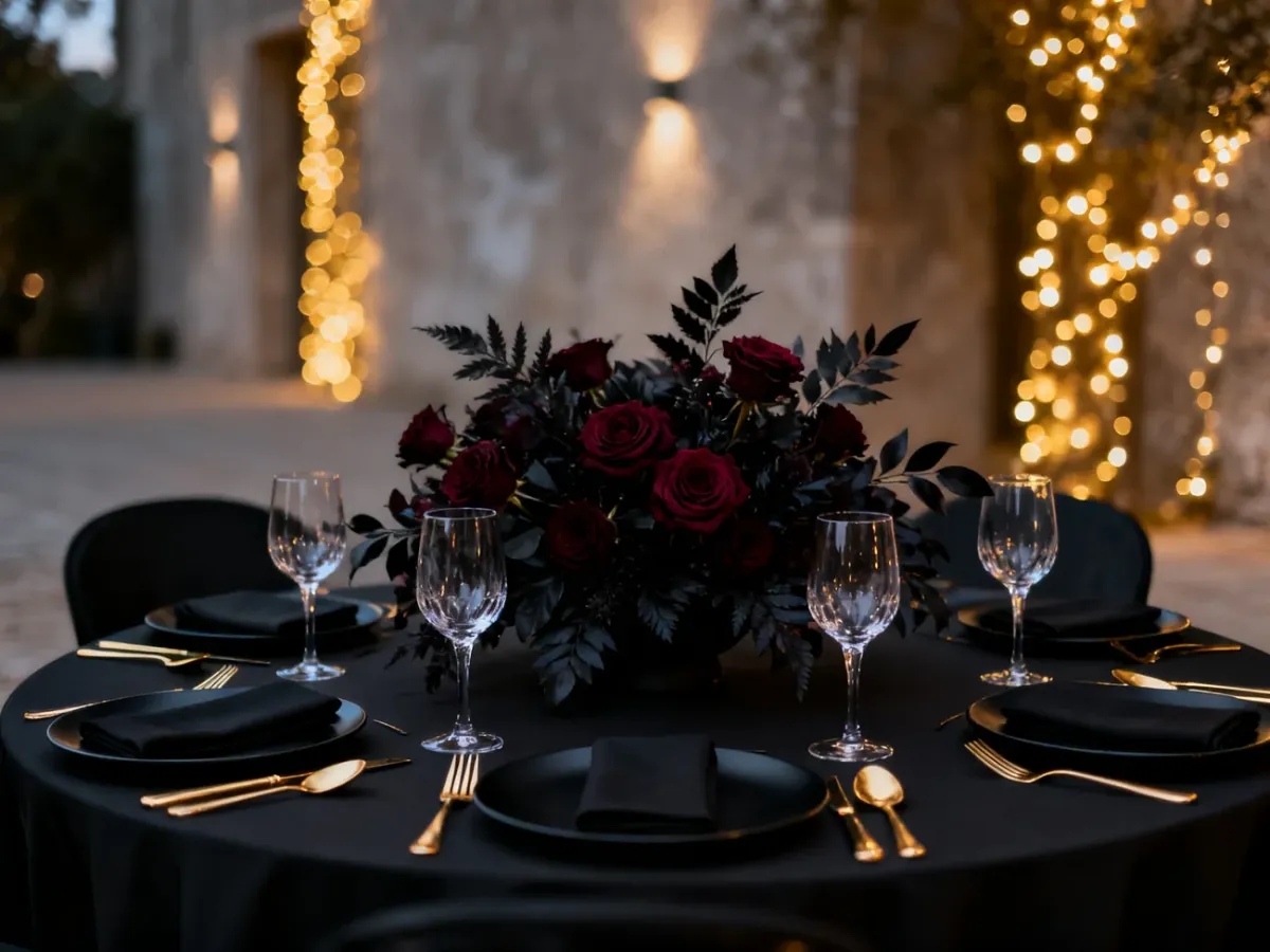 Elegancka sala weselna z czarną zastawą, złotymi sztućcami i bordowymi kwiatami w nastrojowym, ciepłym oświetleniu.