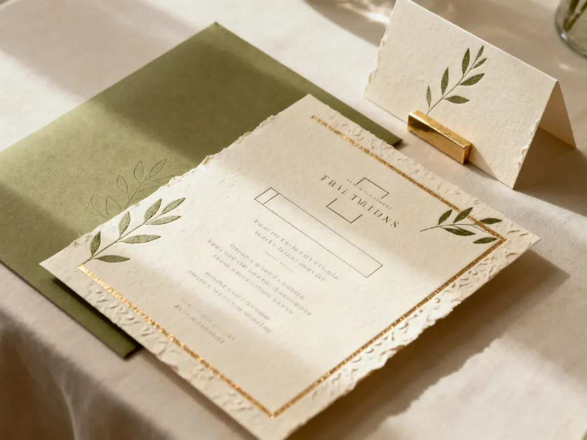 Spójny zestaw ślubnego zaproszenia i winietki na elegancko udekorowanym stole