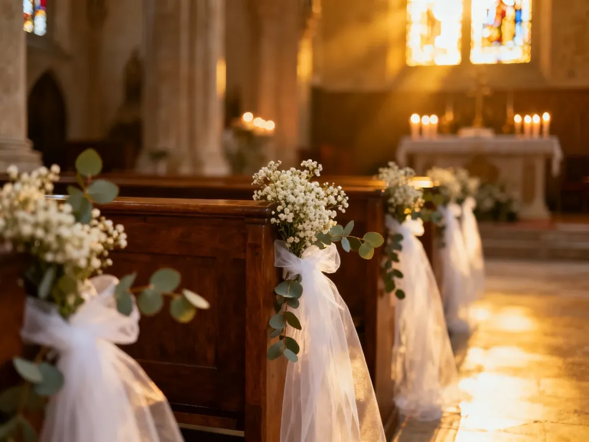 Elegancko udekorowane ławki kościelne z białym tiulem i kwiatami, tworzące romantyczną atmosferę ślubną.