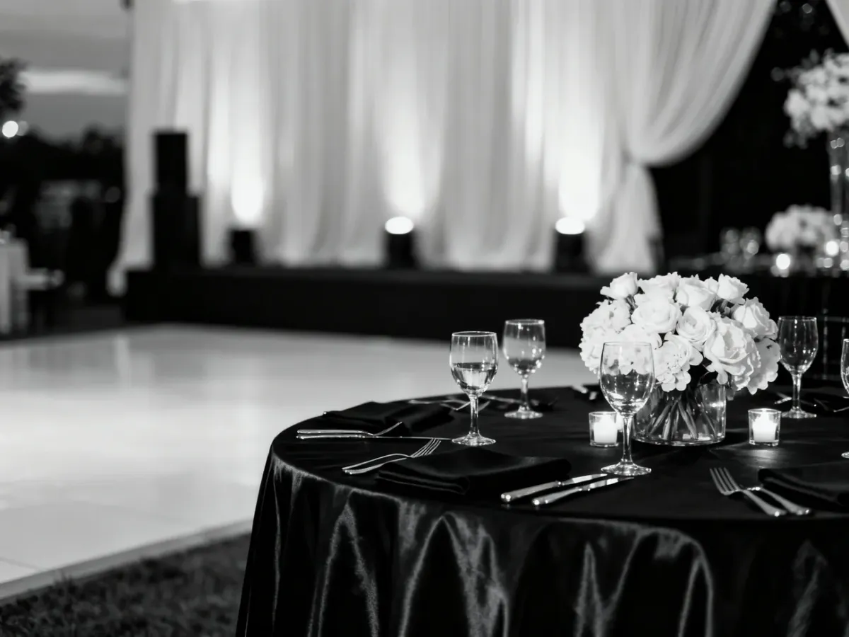 Elegancka sala weselna w czarno-białej kolorystyce z minimalistycznym nakryciem stołu i nastrojowym oświetleniem.