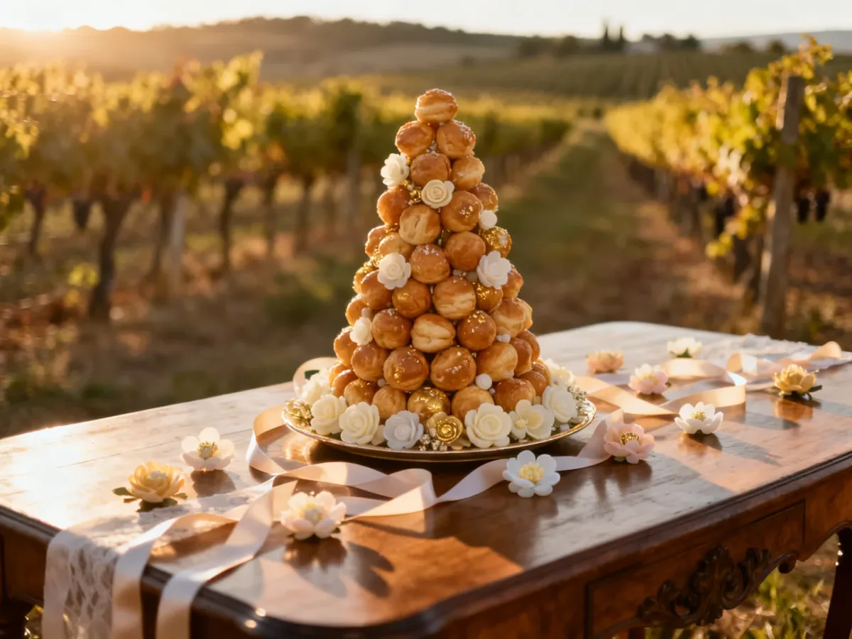 Francuski tort weselny typu croquembouche ozdobiony kwiatami na tle winnicy w promieniach zachodzącego słońca.
