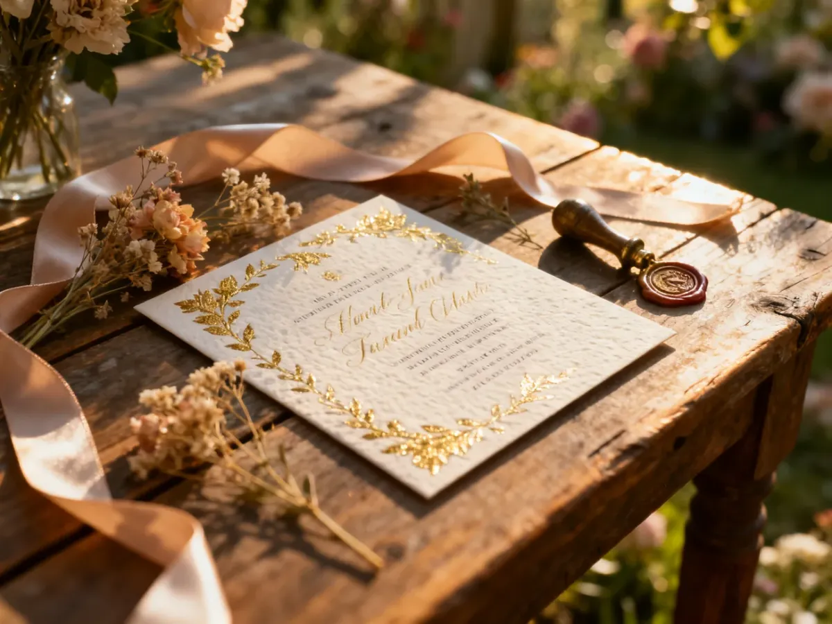 Eleganckie zaproszenie ślubne z pozłacanymi detalami, ozdobione suszonymi kwiatami i lakowaną pieczęcią na drewnianym stole.