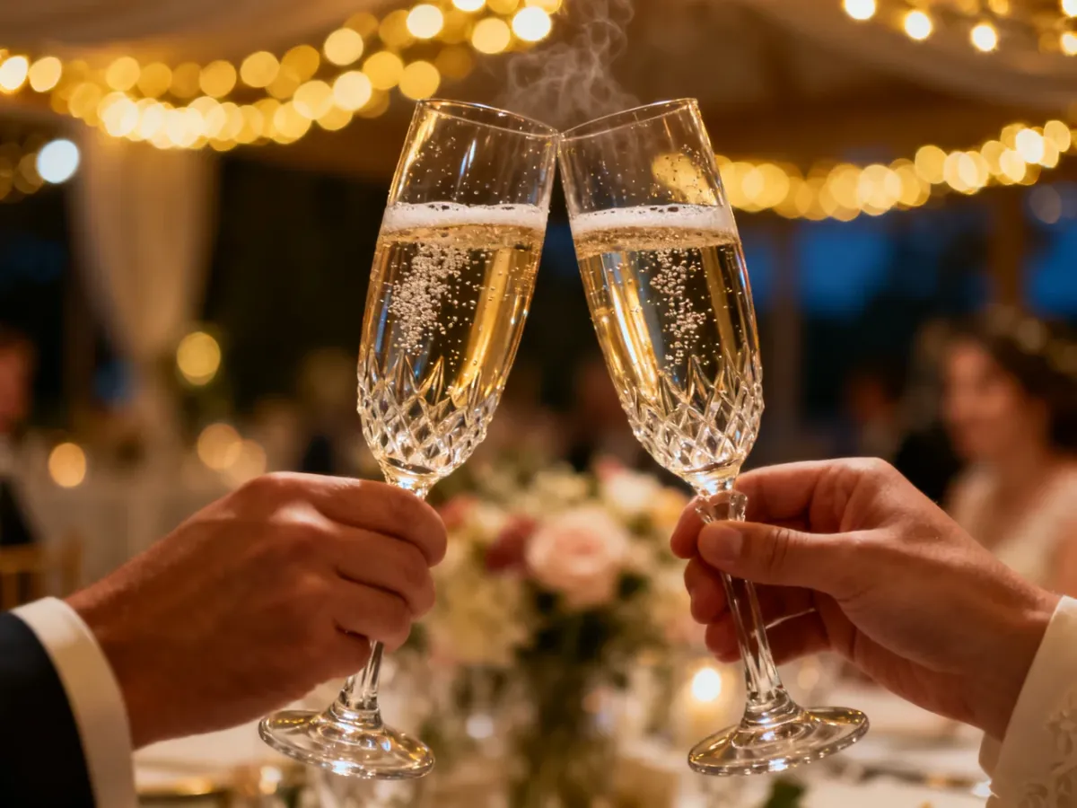 Dwie eleganckie kieliszki z szampanem wznoszące toast na tle nastrojowego oświetlenia sali weselnej.