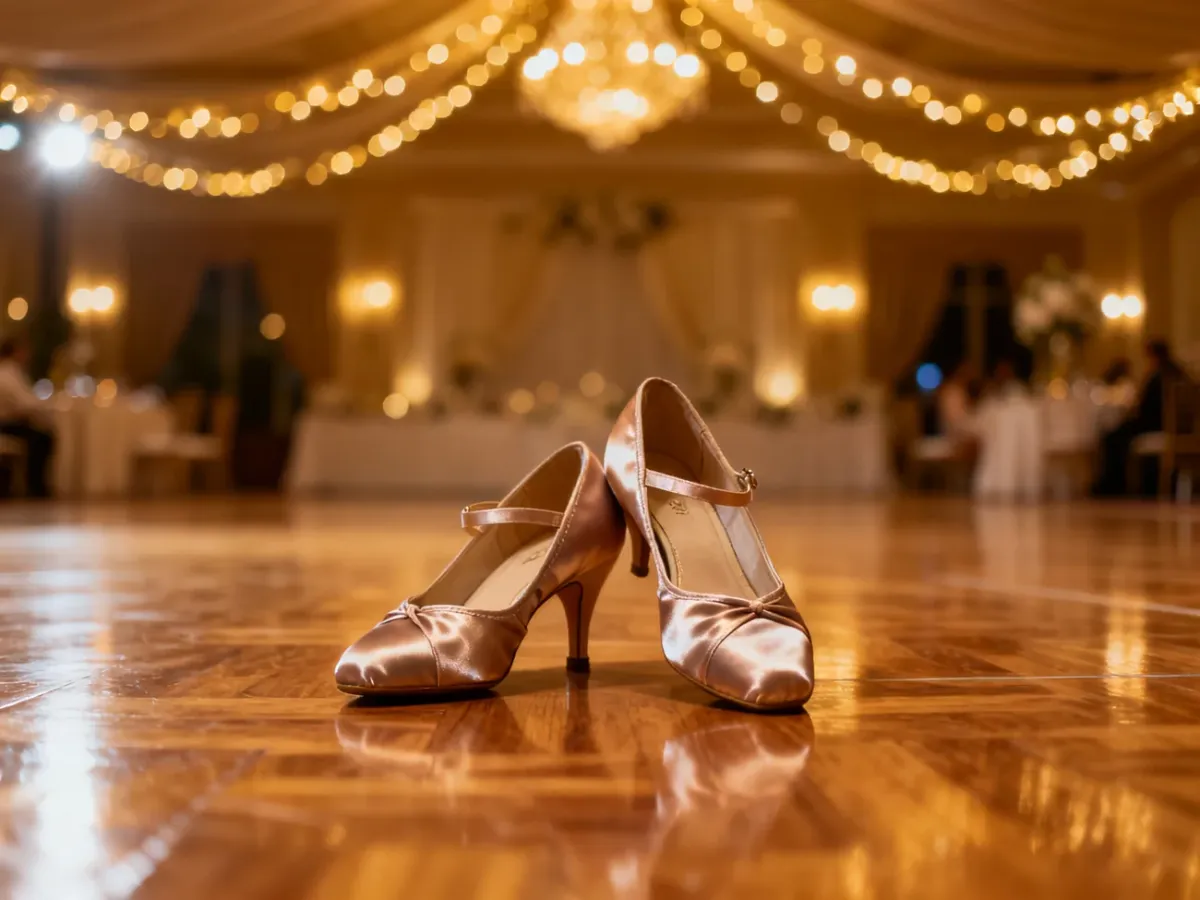 Eleganckie satynowe buty taneczne na parkiecie w sali weselnej, gotowe do ślubnego pierwszego tańca.