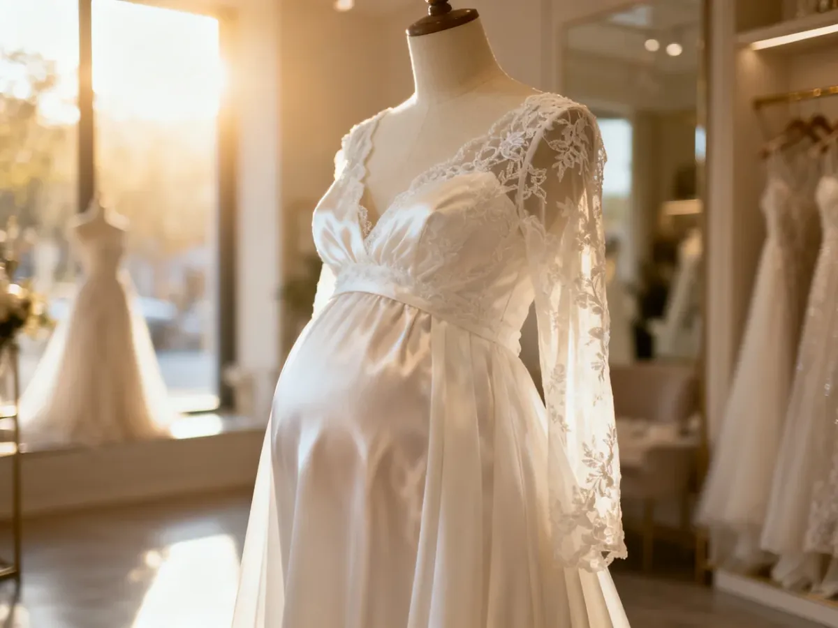 Elegancka biała suknia ślubna dla kobiet w ciąży na manekinie w słonecznym atelier. Delikatne koronki i jedwab.