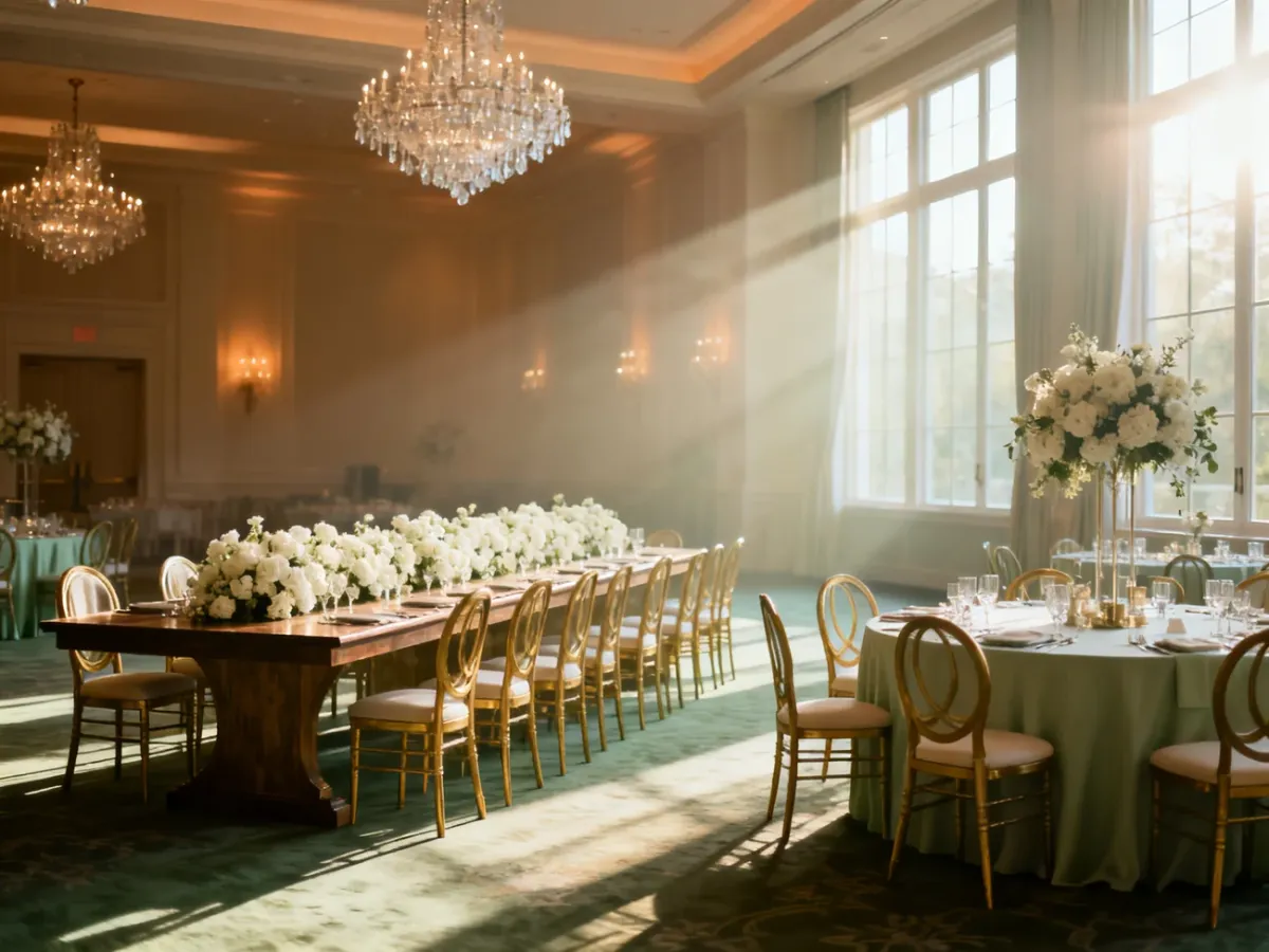 Elegancka sala weselna z widocznym zestawieniem długiego stołu rodzinnego oraz okrągłych stolików dla gości.