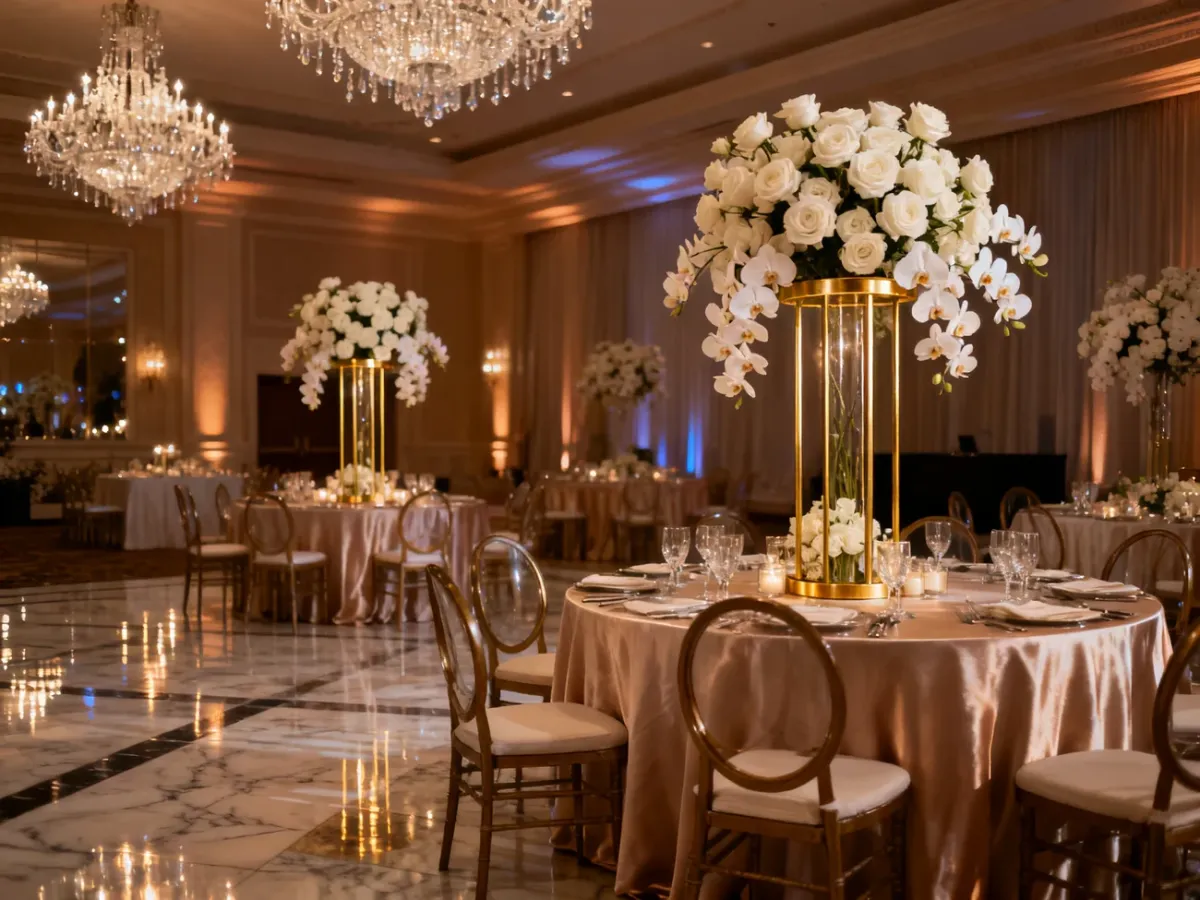 Elegancka sala weselna w stylu glamour z kryształowymi żyrandolami, złotymi dekoracjami kwiatowymi i luksusowym wystrojem.