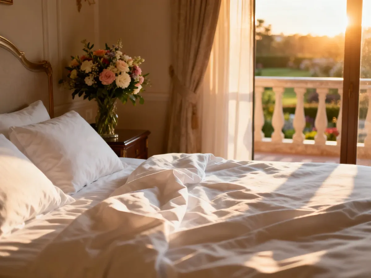 Elegancki pokój hotelowy z wygodnym łóżkiem i świeżymi kwiatami, przygotowany na przyjęcie gości weselnych.