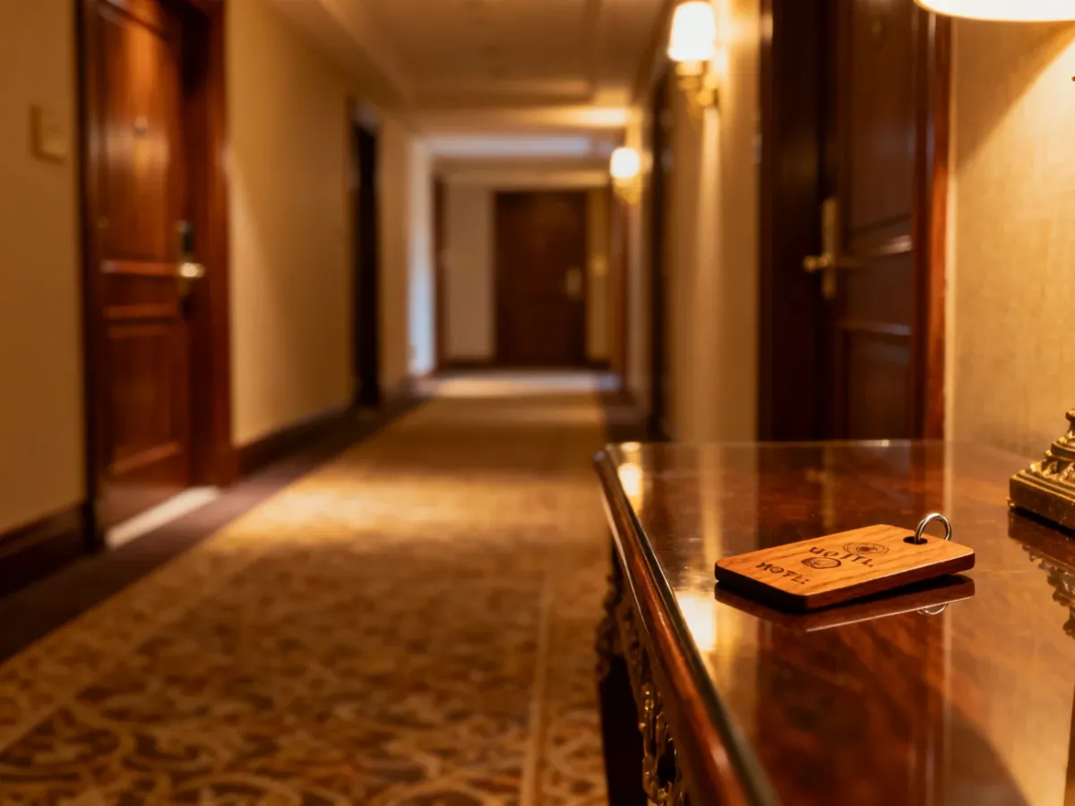 Elegancki korytarz hotelowy z kartą do pokoju na konsoli, symbolizujący komfortowy nocleg dla gości weselnych.
