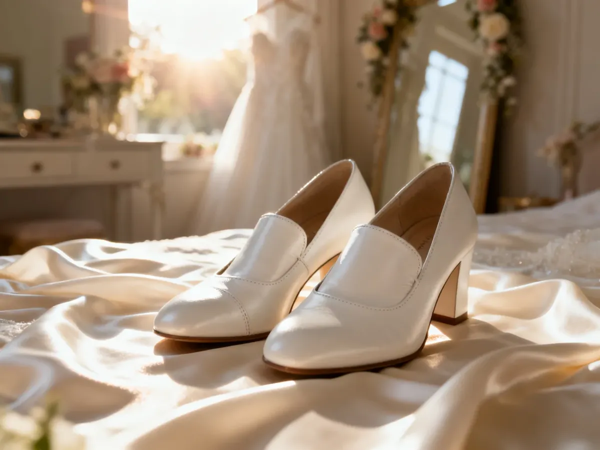 Eleganckie białe skórzane czółenka ślubne na tle jedwabiu w słonecznej, nastrojowej sypialni.
