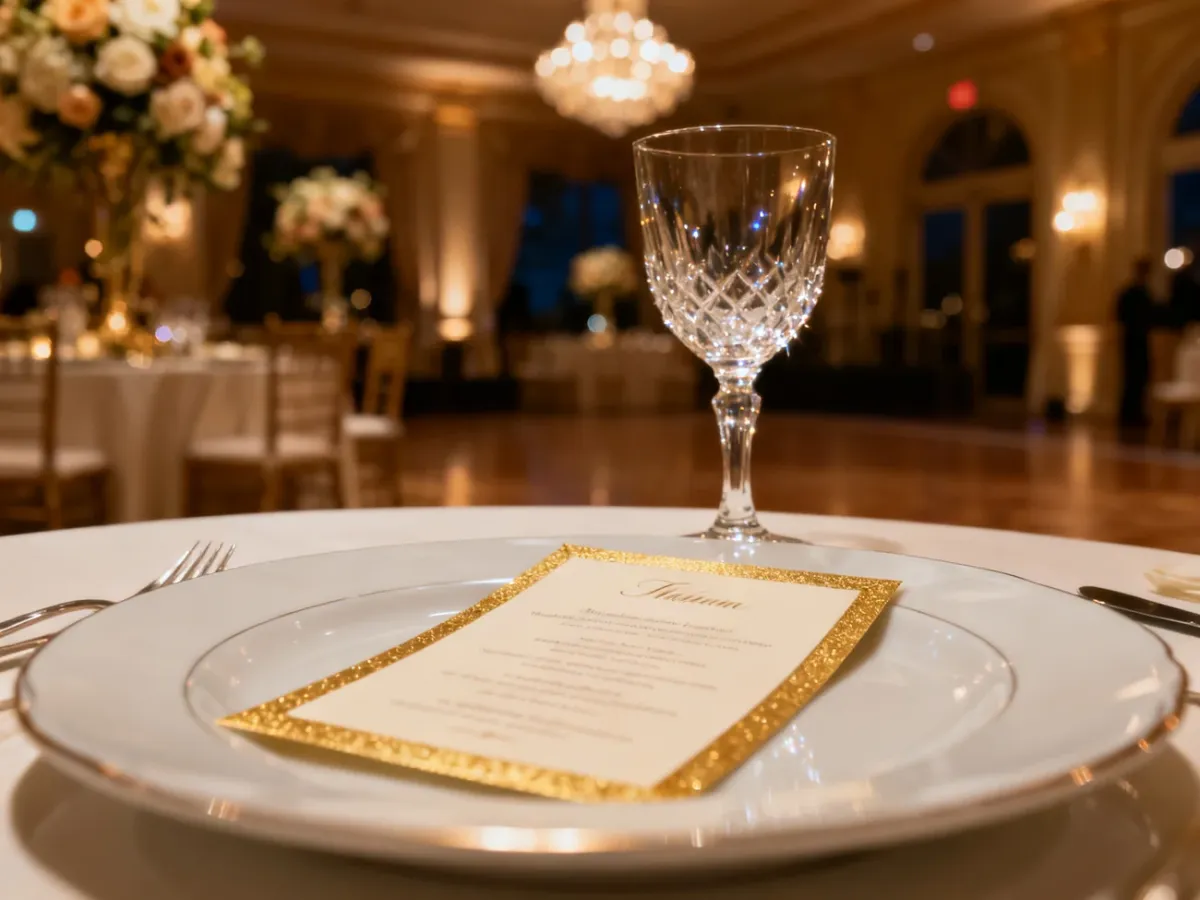 Eleganckie nakrycie stołu weselnego z menu i kieliszkiem w sali bankietowej o nastrojowym oświetleniu.