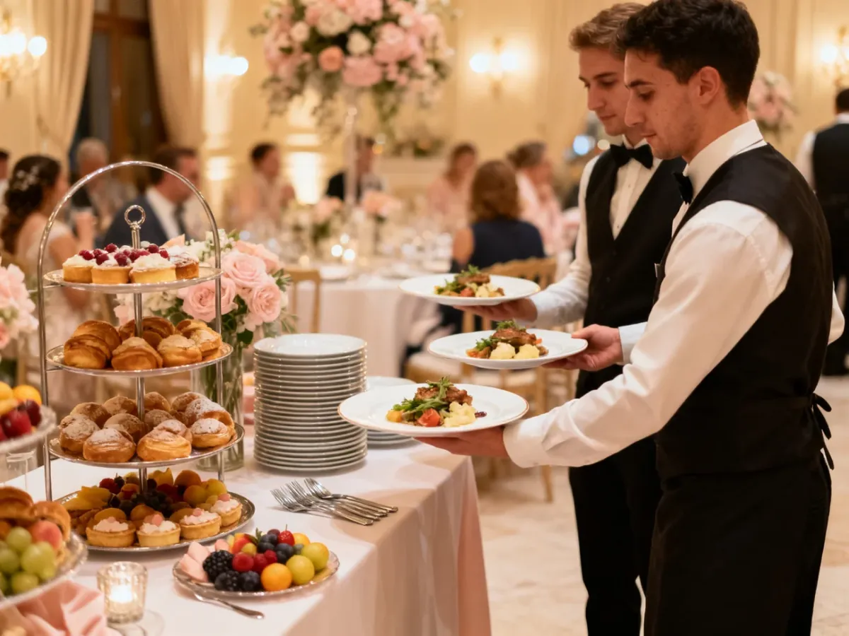 Eleganckie przyjęcie weselne łączące obsługę kelnerską z bufetem deserowym