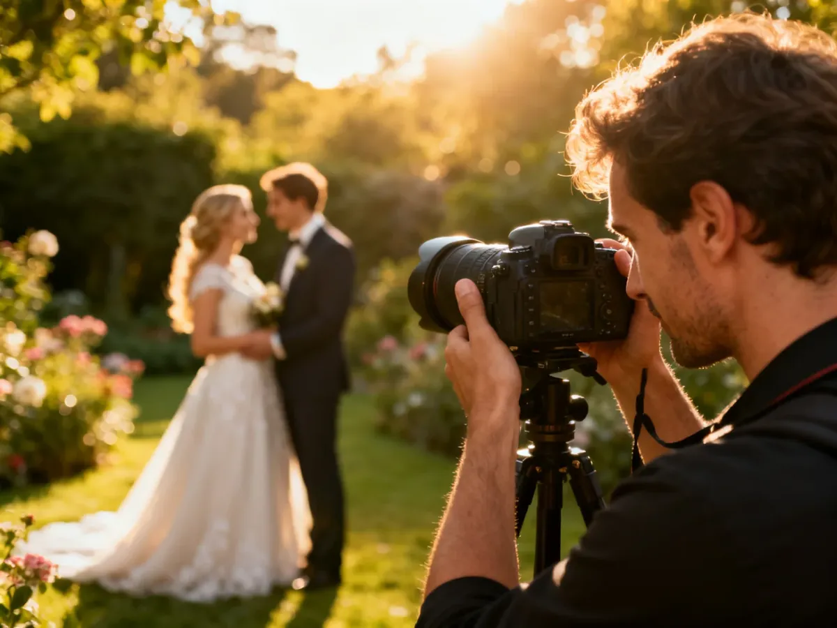 Profesjonalny fotograf wykonujący romantyczne zdjęcia młodej pary w słonecznym ogrodzie.