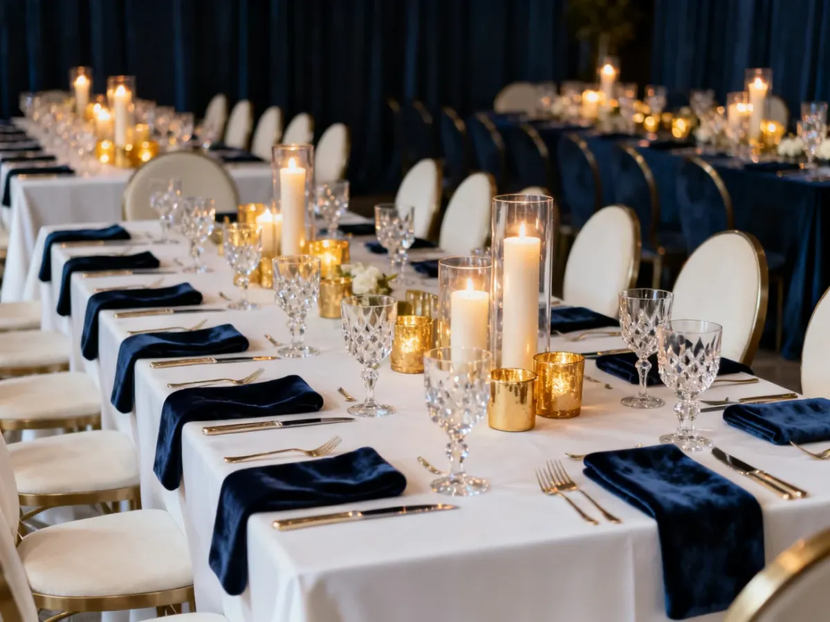 Elegancka sala weselna w stylu glamour z symetrycznie nakrytym stołem i ciepłym oświetleniem