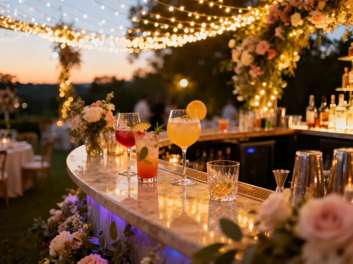 Elegancki, interaktywny bar koktajlowy na weselu, tworzący magiczną atmosferę dzięki nastrojowym światłom i dekoracjom.