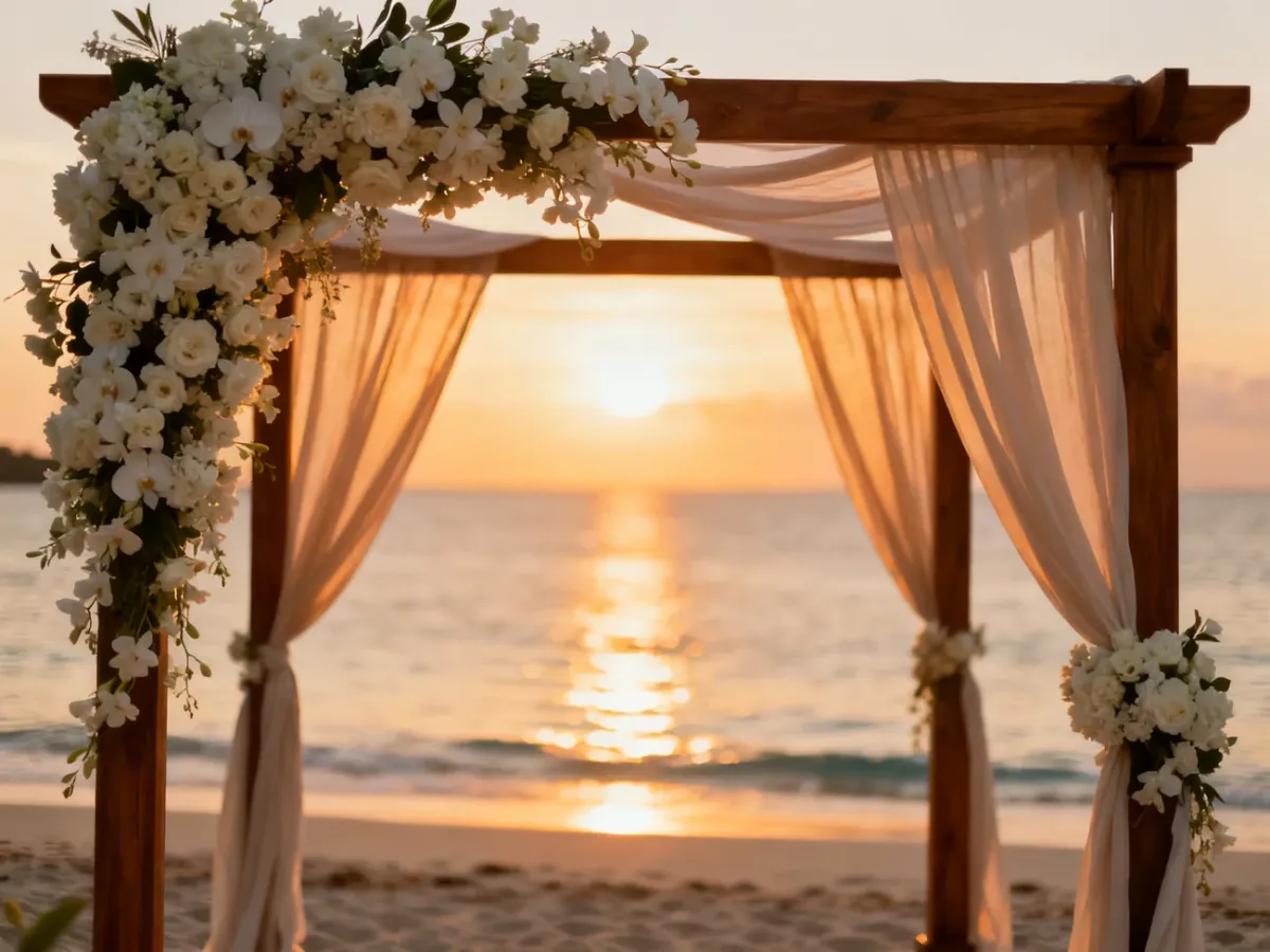 Elegancki drewniany łuk ślubny udekorowany kwiatami na piaszczystej plaży podczas zachodu słońca.