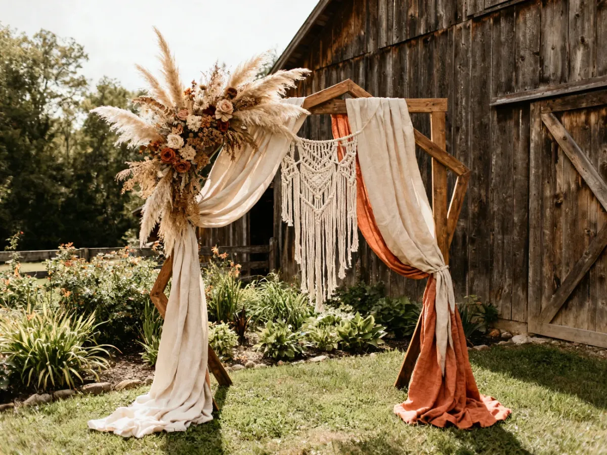 Naturalna ceremonia ślubna boho z asymetrycznym łukiem, suszonymi kwiatami i trawą pampasową