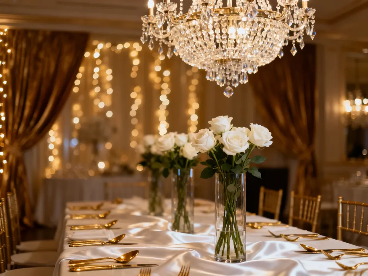 Elegancka sala weselna w stylu glamour ze złotymi sztućcami, kryształowym żyrandolem i białymi różami na stołach.