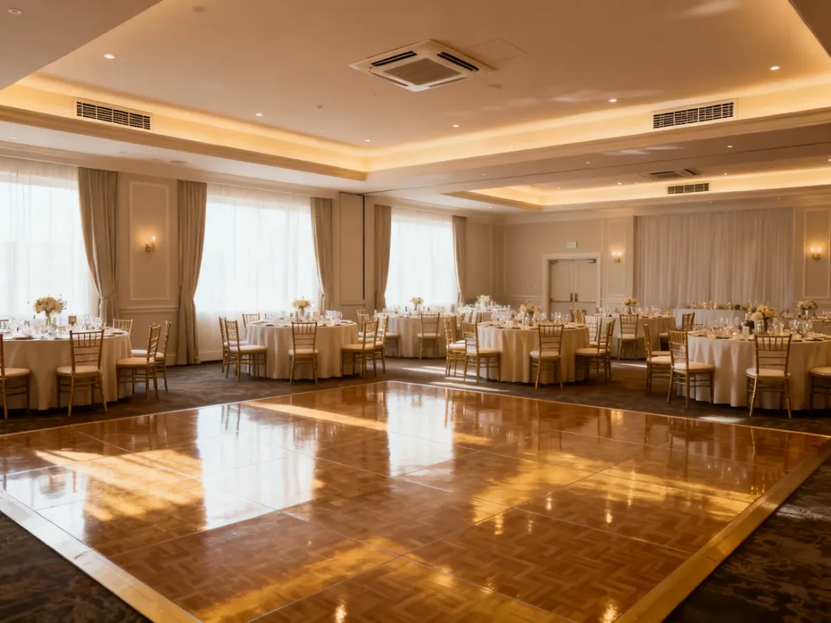 Elegancka sala weselna z udekorowanymi stołami i parkietem