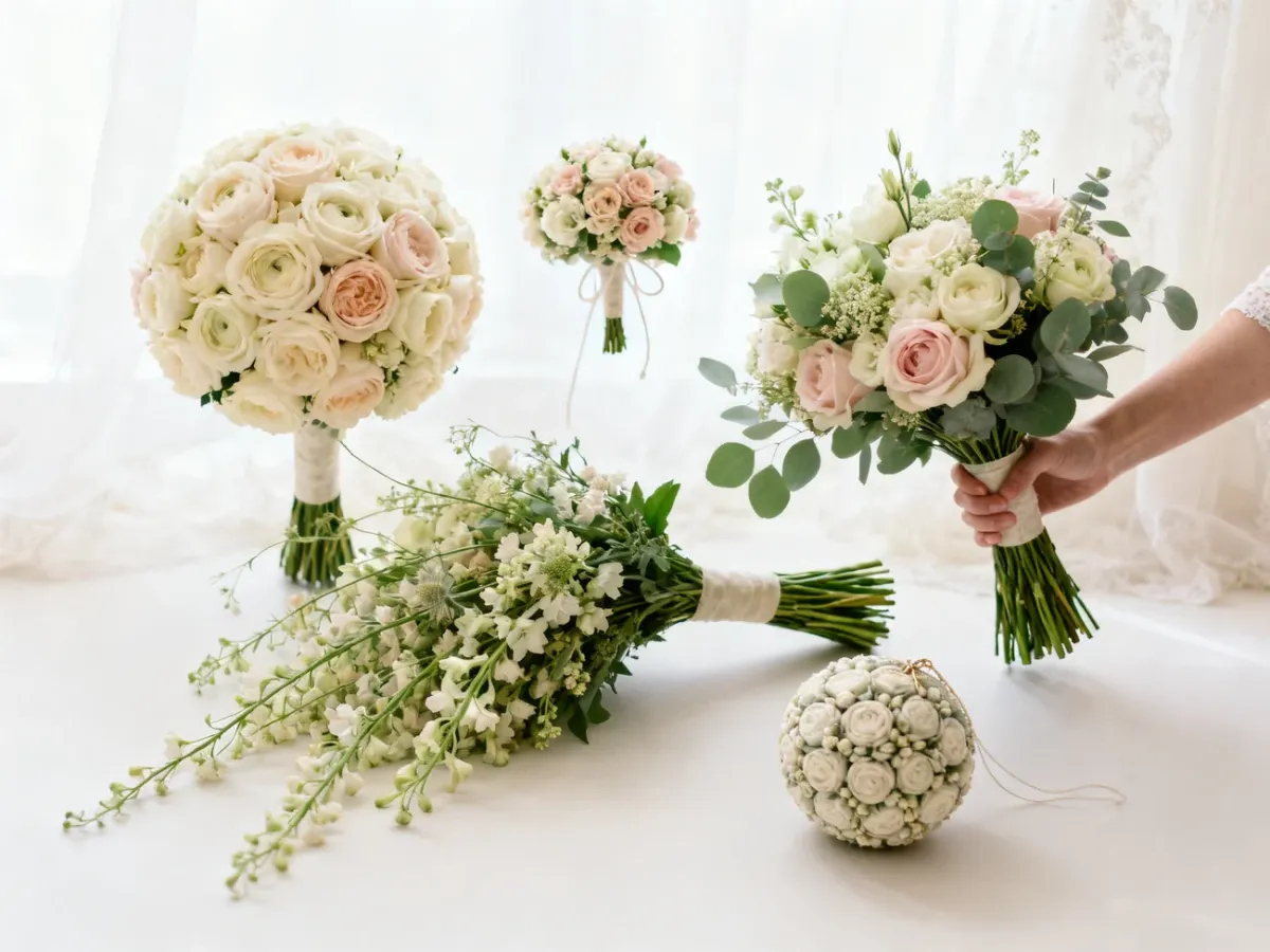 Różne kształty bukietów ślubnych ułożone w eleganckiej pracowni florystycznej