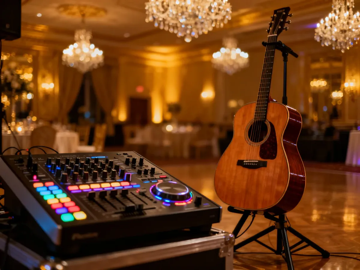 Elegancka sala weselna z konsolą DJ-ską i gitarą akustyczną, symbolizująca wybór oprawy muzycznej na wesele.