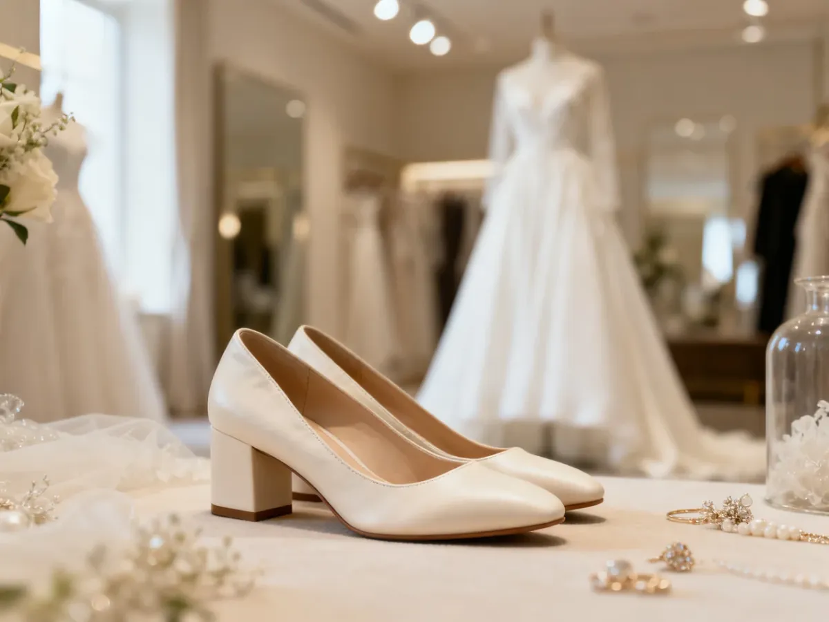 Eleganckie skórzane buty ślubne na tle sukni i dodatków