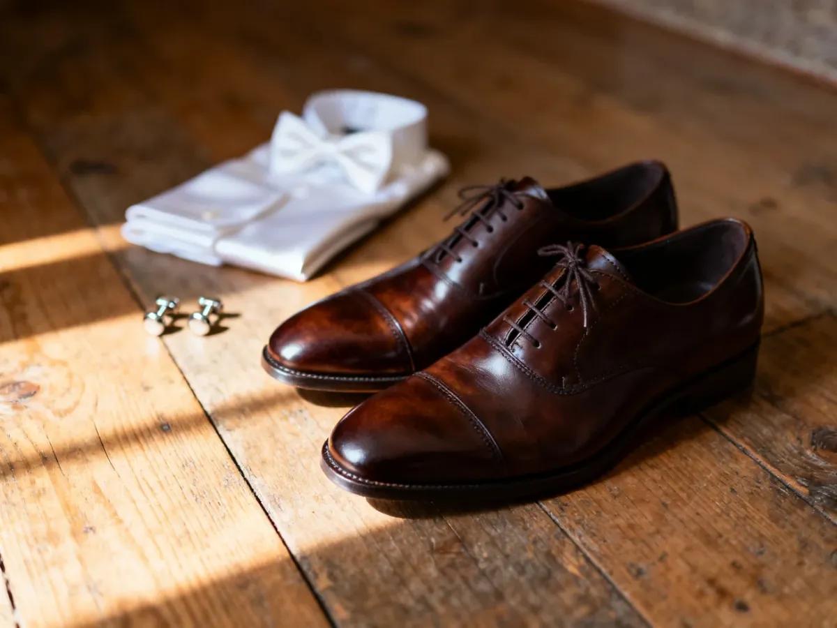 Eleganckie, ciemnobrązowe skórzane oksfordy na drewnianej podłodze, zestawione z poszetką i spinkami do mankietów.
