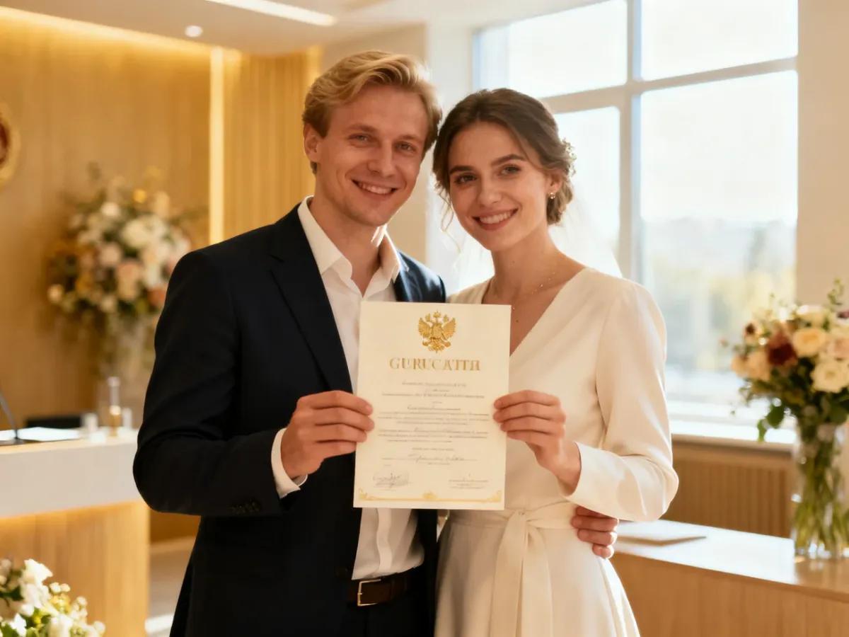 Szczęśliwa para trzymająca akt ślubu w nowoczesnym urzędzie stanu cywilnego po ceremonii.