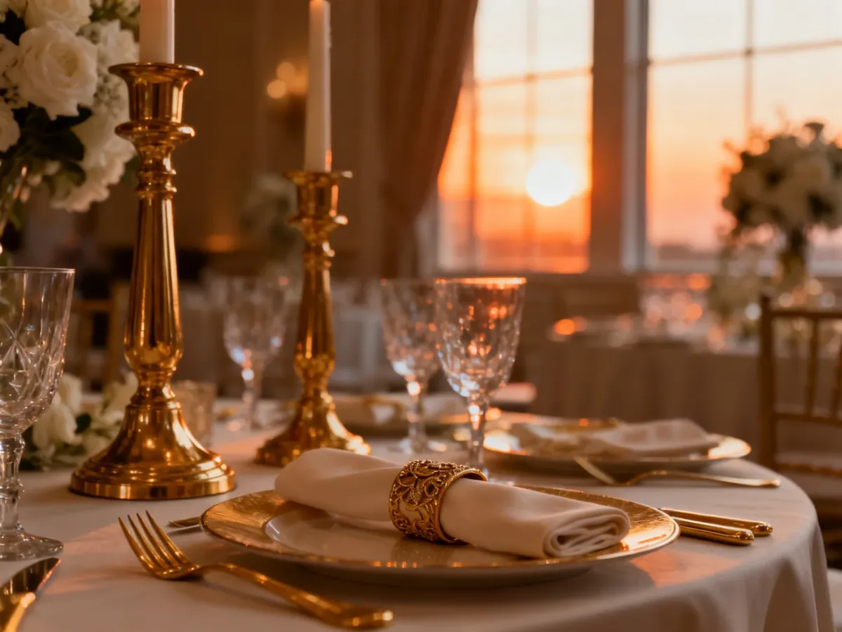 Eleganckie nakrycie stołu weselnego ze złotymi świecznikami, sztućcami i zdobionymi pierścieniami na serwetki w ciepłym świetle.